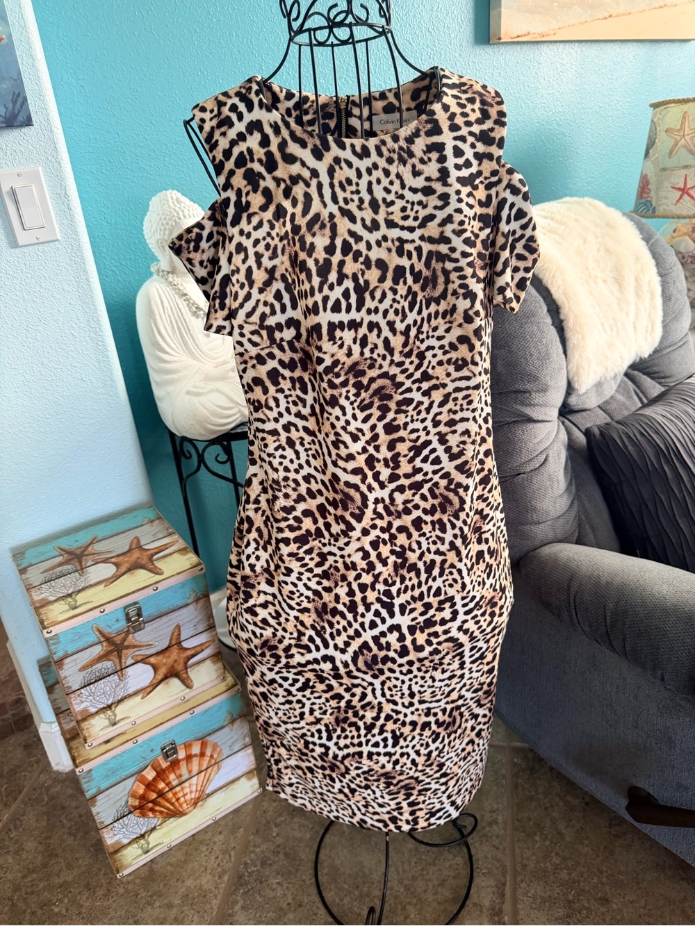 Calvin Klein Leopard Print Midi Dress in Tan and Black